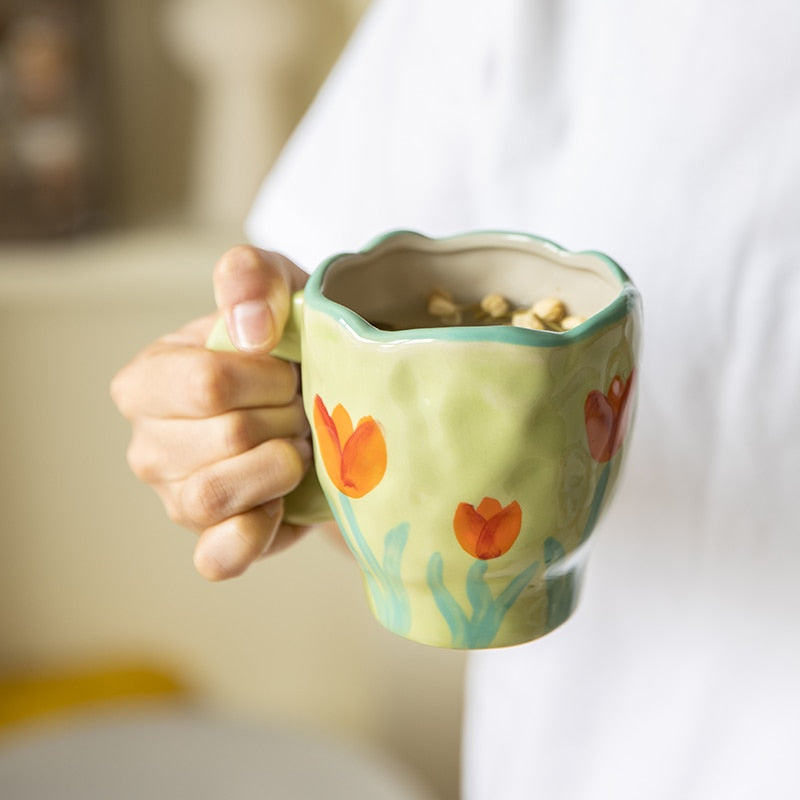 Hand-painted Flower Ceramic Coffee Cup Home Office Mug With Saucer Breakfast Milk Juice Tea Handle Cup Microwave Safe