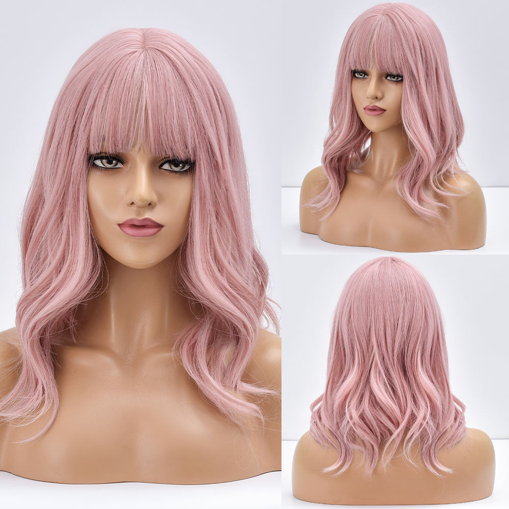 Short Bob Synthetic Wig Ombre Pink Water Wave Hair Wigs With Bangs Cosplay Lolita Heat Resistant Natural Hair