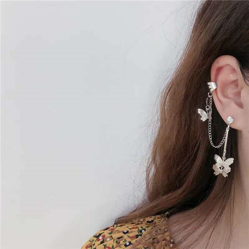 Geometric Butterfly Clip Earring Ear Cuffs Cool Jewelry Retro Chain Long Hanging Metal Gift