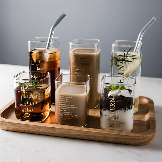 Creative Square Glass Mug Gold Letter Printing Breakfast Milk Coffee Cup Crystal Transparent Heat-resistant Home Drinkware