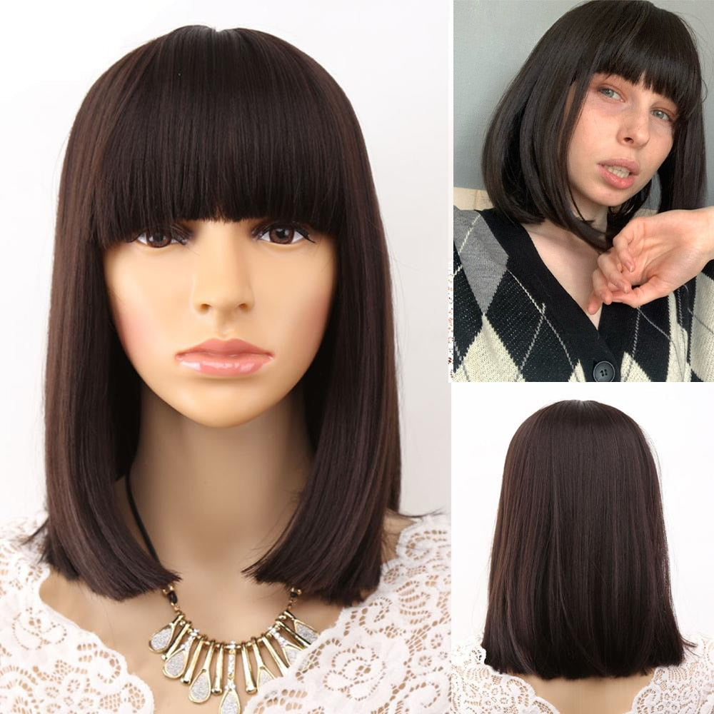 Amir Straight Black Synthetic Wigs With Bangs For Women Medium Length Hair Bob Wig Heat Resistant bobo Hairstyle Curly wigs