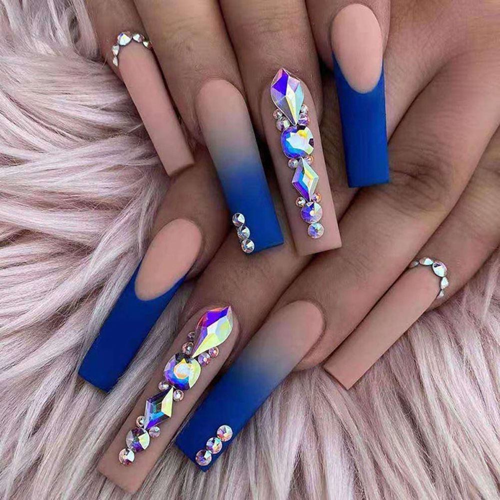 24Pcs Marble Gradient Long Coffin False Nails Detachable Wearable Gold Foil Ballerina Fake Nails Full Cover Nail Tips Press Glue