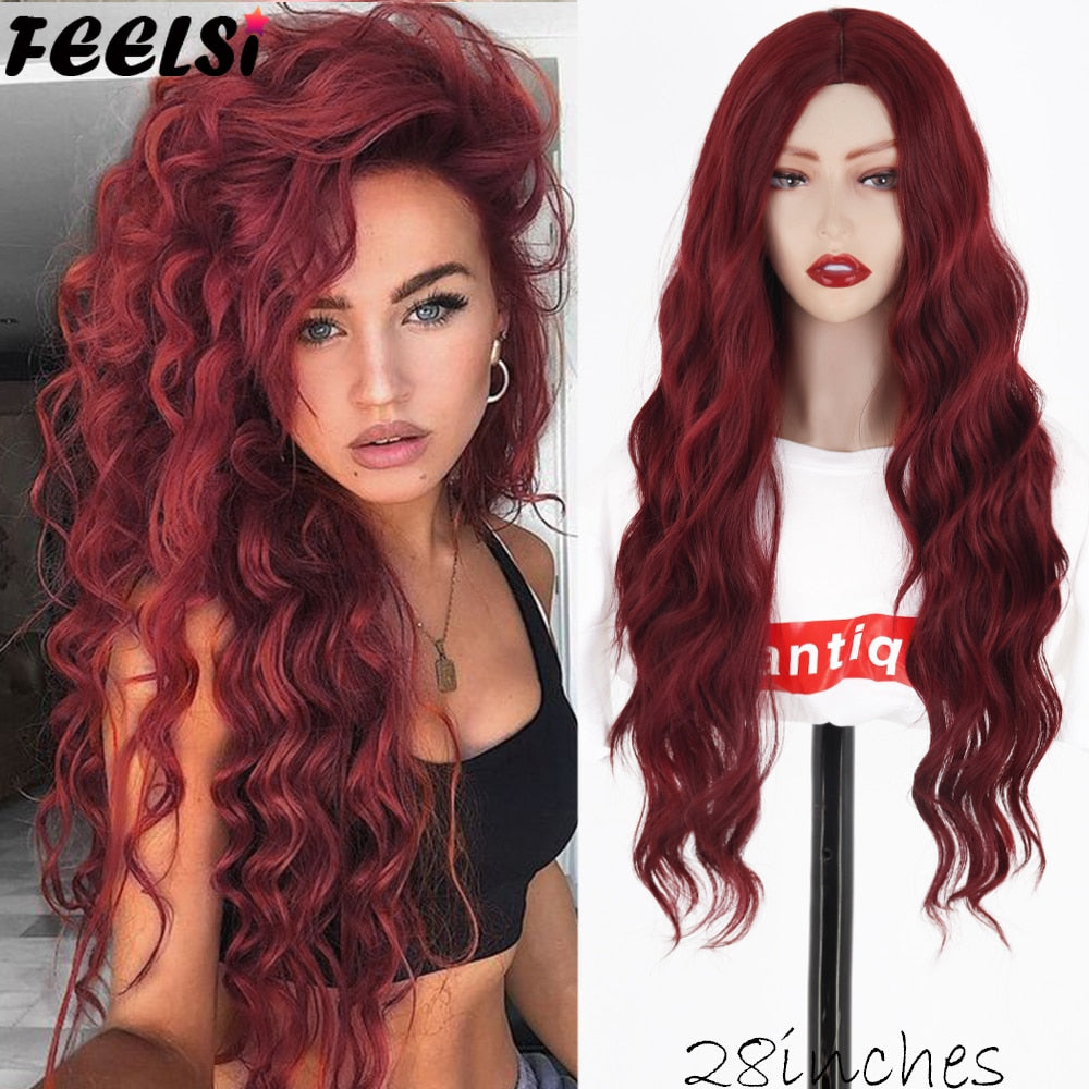 Synthetic Pure Red Black Orange Wig Long Water Wave Halloween Cosplay Wigs Synthetic Wig High Temperature Fiber