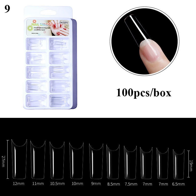 100pcs/box Clear Transparent Seamless Fake Nails Full Coverage False Nails Tips Short T-shaped Water Drop Full Sticker For Nails