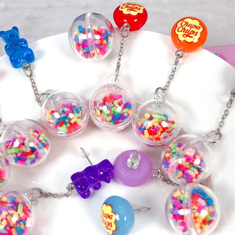 1 Pair Stud Earring Multicolours Gummy Bear  Resin Candy Charms With Ball Jewelry