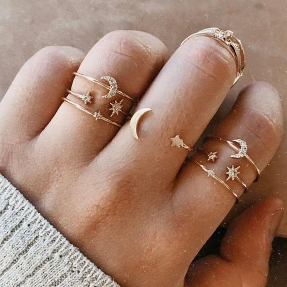 Bohemian Gold Chain Rings Set Boho Coin Snake Moon Star Rings Party Jewelry