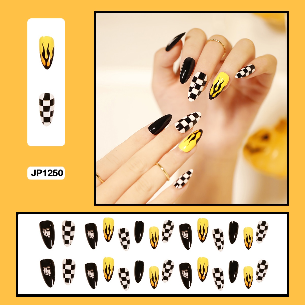 24PCS Dark Punk False Nails with Glue Gradient Long Detachable Fire Stick on Nails Skull Flame  Art DIY Fashion Manicure Tool