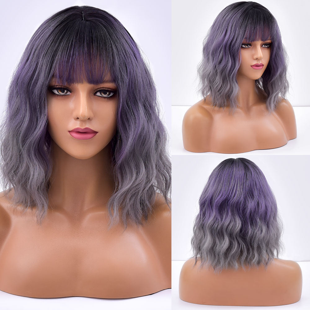 Short Bob Synthetic Wig Ombre Pink Water Wave Hair Wigs With Bangs Cosplay Lolita Heat Resistant Natural Hair