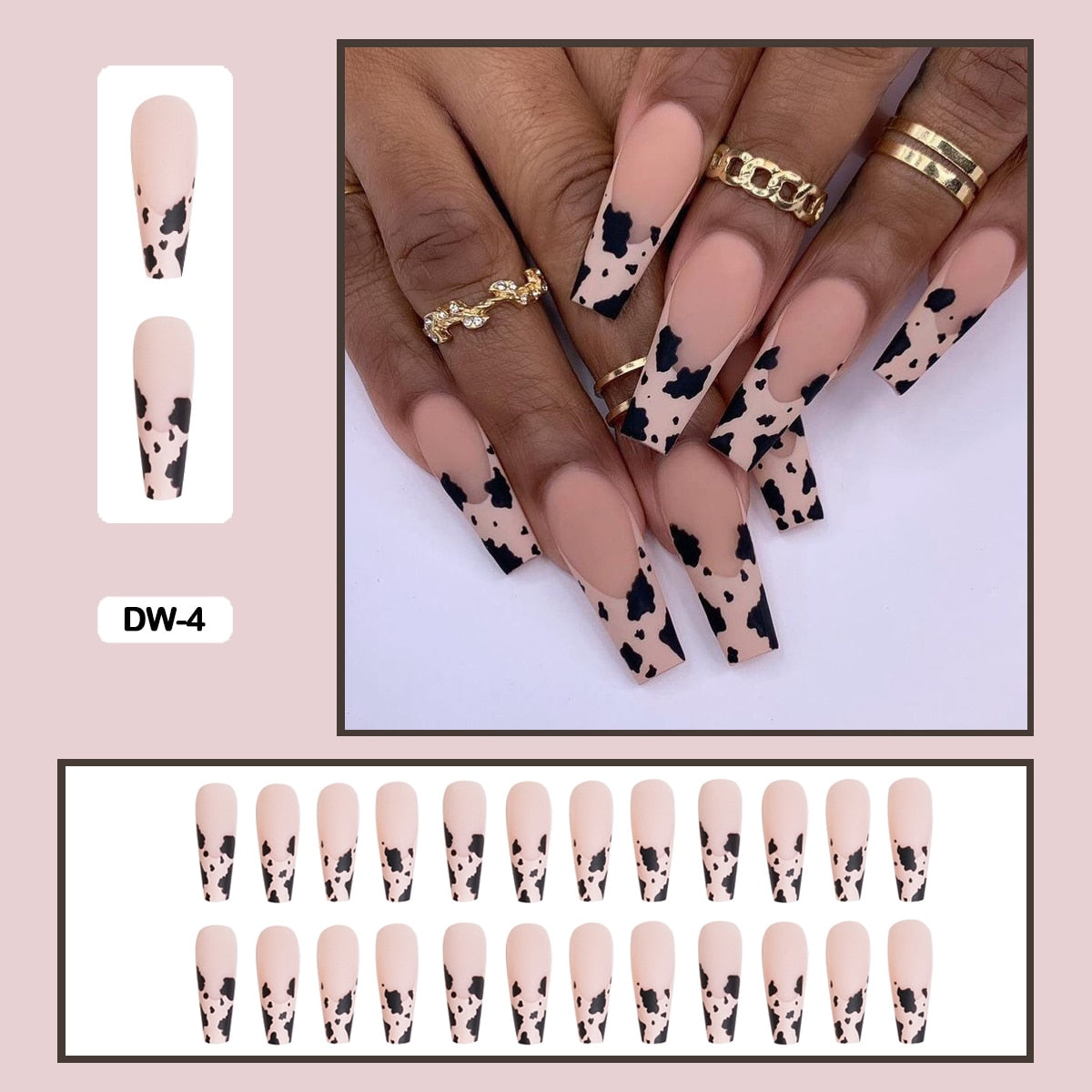 24Pcs Personality Painted Animal Pattern Cow Pattern Leopard Printed Wearable False Nails Fake Nails With Glue And Wearing Tools