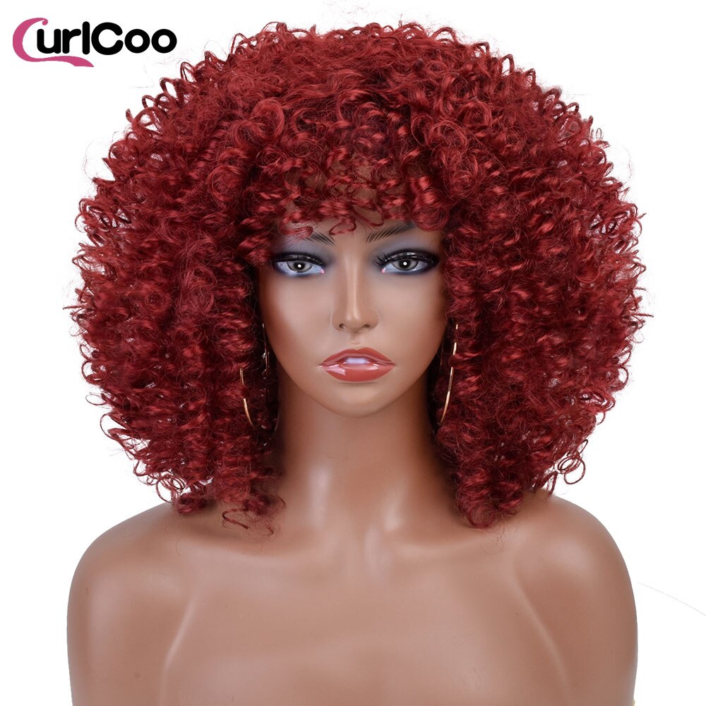 Short Afro Kinky Curly Wigs With Bangs For Women Synthetic Ombre Natural Heat Resistant Hair Brown Cosplay Highlight Wigs