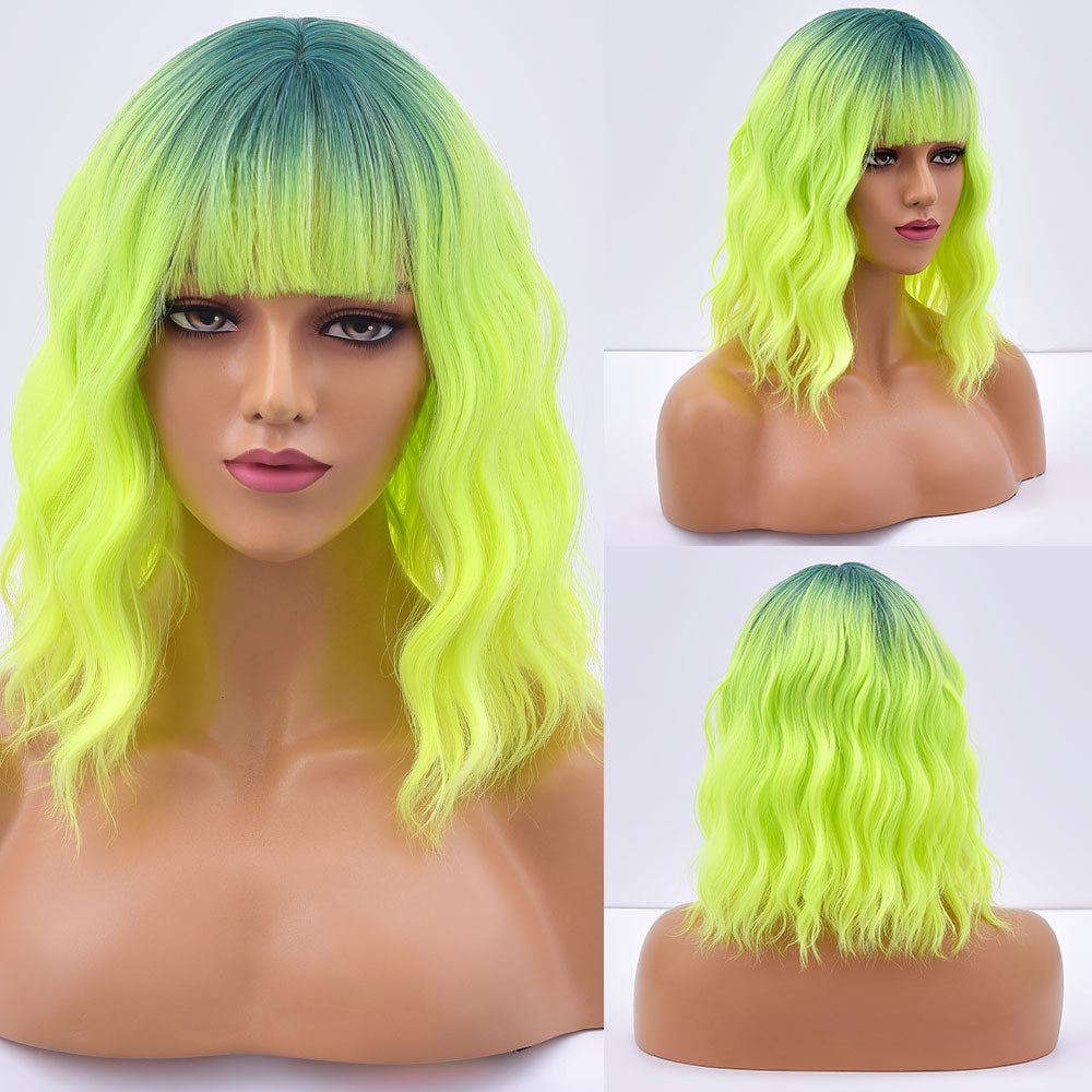 Short Bob Synthetic Wig Ombre Pink Water Wave Hair Wigs With Bangs Cosplay Lolita Heat Resistant Natural Hair