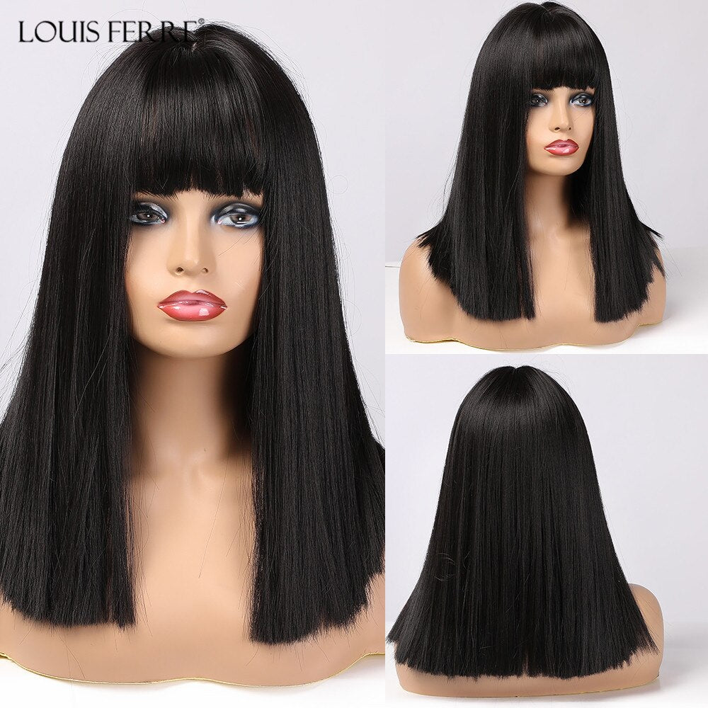 Black Bob Hair Wigs Medium Straight Synthetic Wig with Bangs Cosplay Wig Heat Resistant