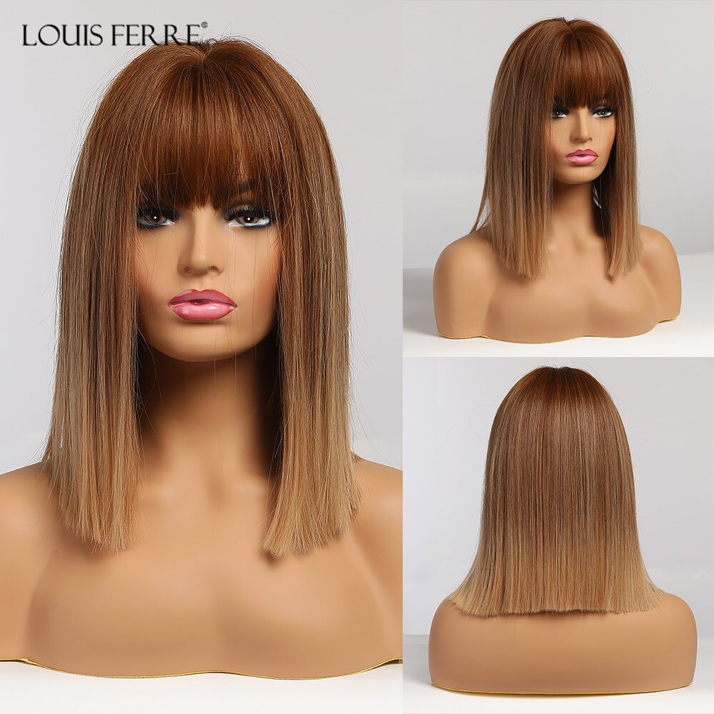 Black Bob Hair Wigs Medium Straight Synthetic Wig with Bangs Cosplay Wig Heat Resistant