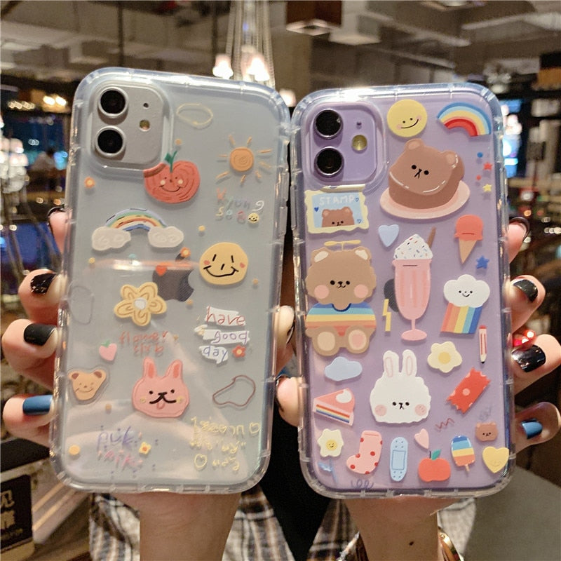 Shockproof Cute Rabbit Bear Phone Case For iPhone 13 12 11 Pro X XS Max XR Clear Cartoon Cover For iPhone 7 8 Plus Soft TPU Case