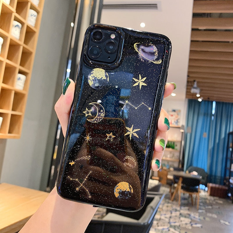 Bling Glitter Planet Case for iPhone 11 Pro XS Max XR X 6 6S 7 8 Plus SE 2020 Soft Silicone Cover Universe Moon Stars Phone Case