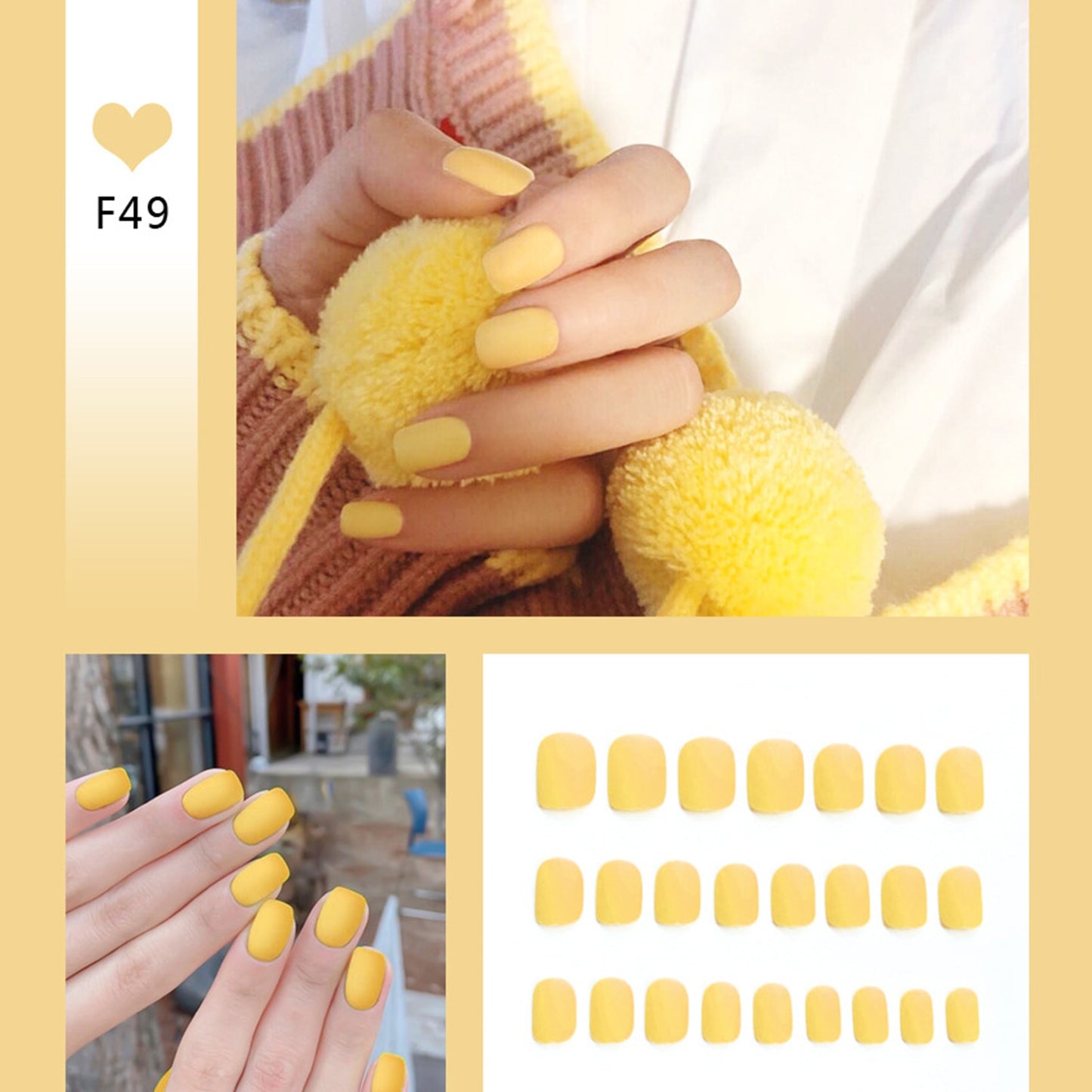 24pcs/box Full Cover fake Press on Nails Matte Yellow Pure Acrylic Frosted Ballerina acrylic for nails