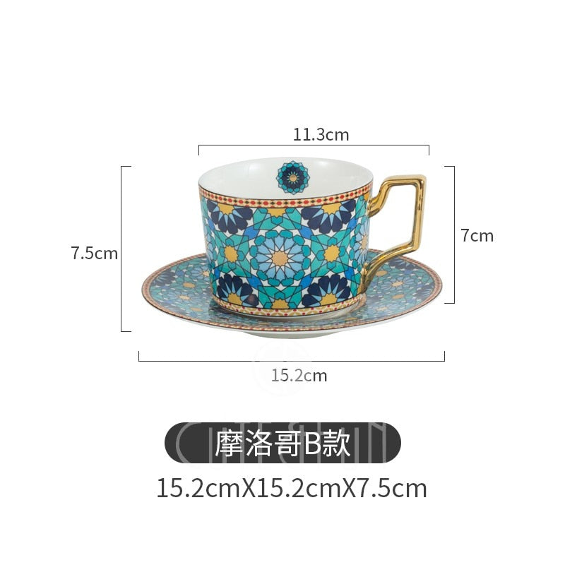 Moroccan Style Luxury Coffee Cup and Saucer Set with Gold Handle for Special Coffee Cappuccino Ceramic Tea Cup 250ml