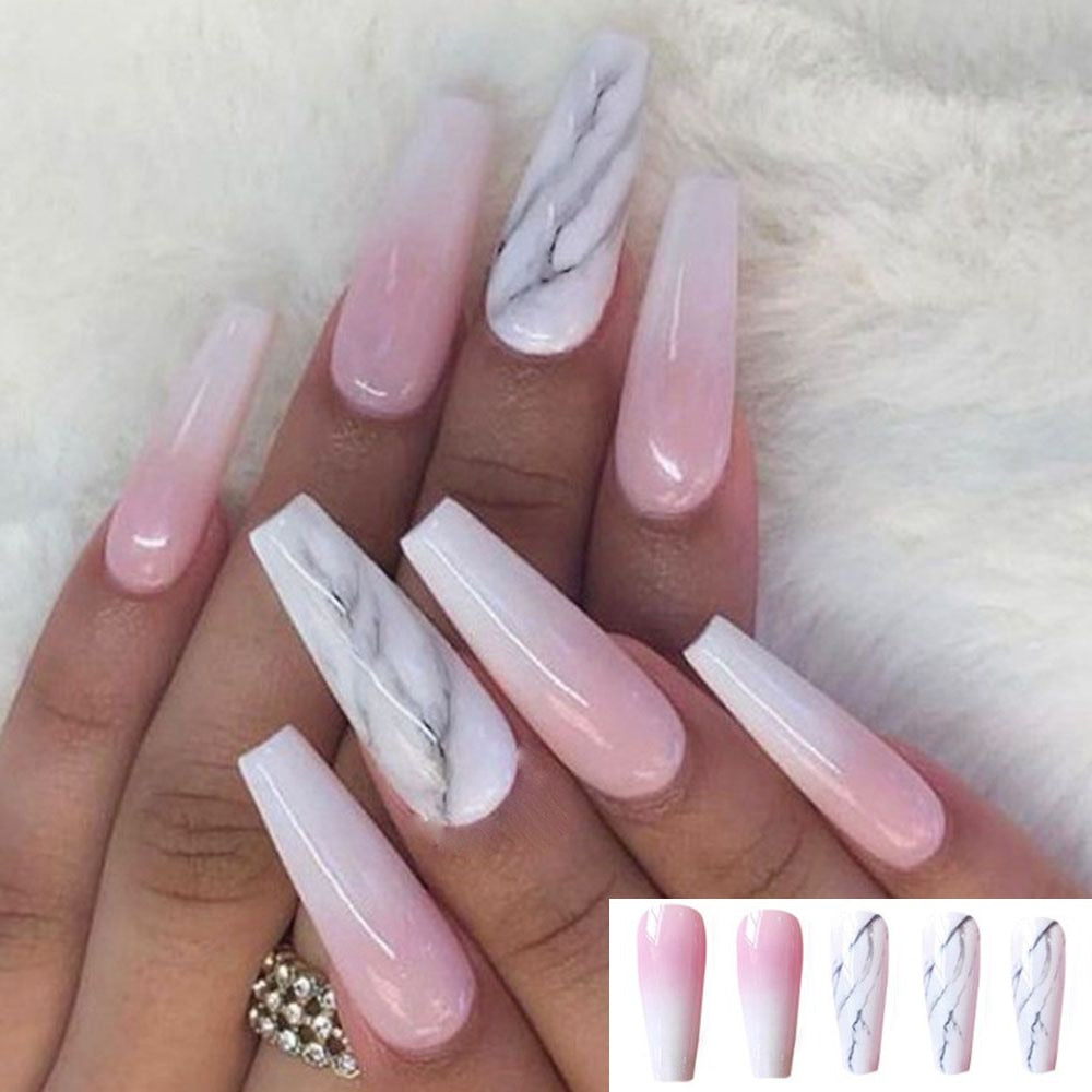 Purple Pink Ombre Rhinestone Fake Nails Coffin Ballerina Ladies Fingernails Natural Long French Gradient Press On False Nails