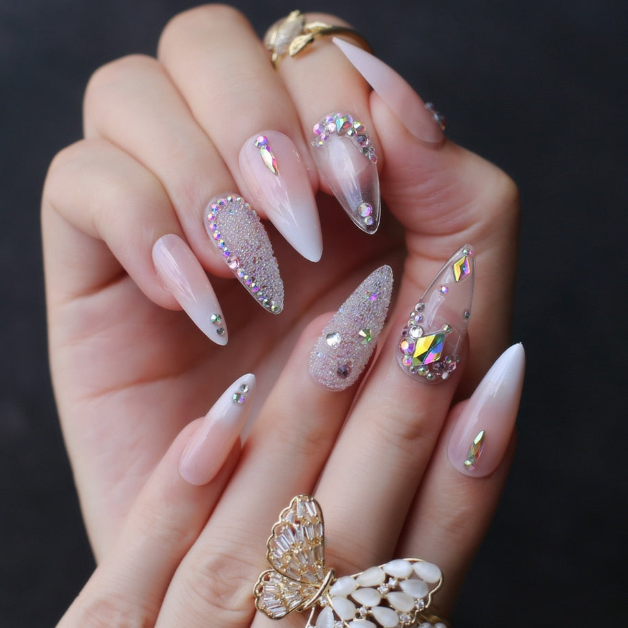 Stiletto Jelly ombre nude fasle nails press on nail Luxury crystal nails photo design nails