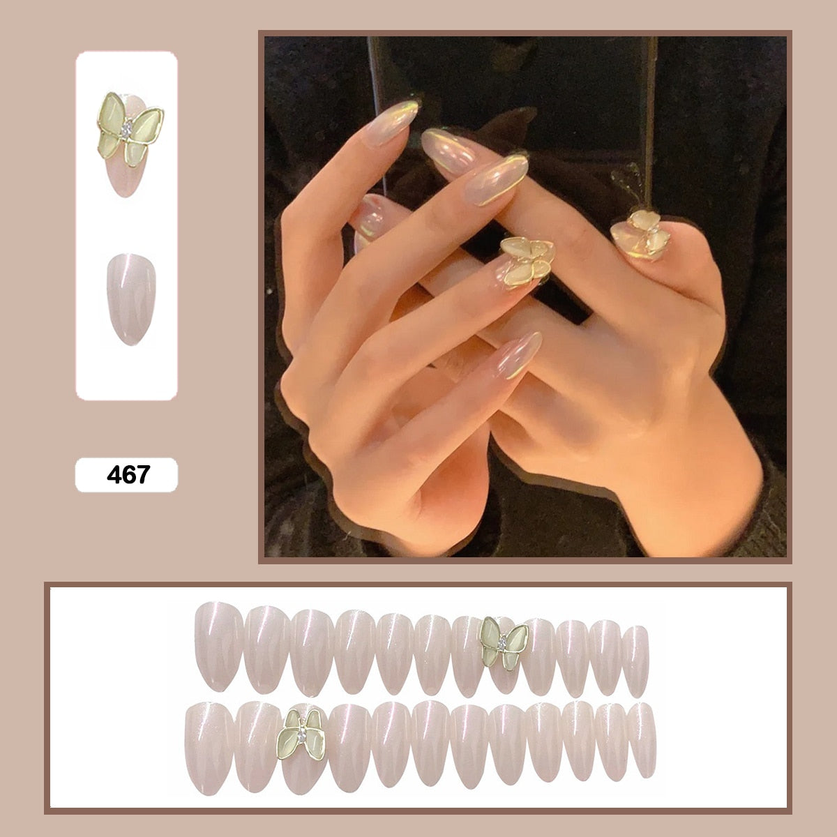 24pcs Stereoscopic Butterfly Light Luxury Elegant Nude Lady Style Removable False Nail Manicure Tool