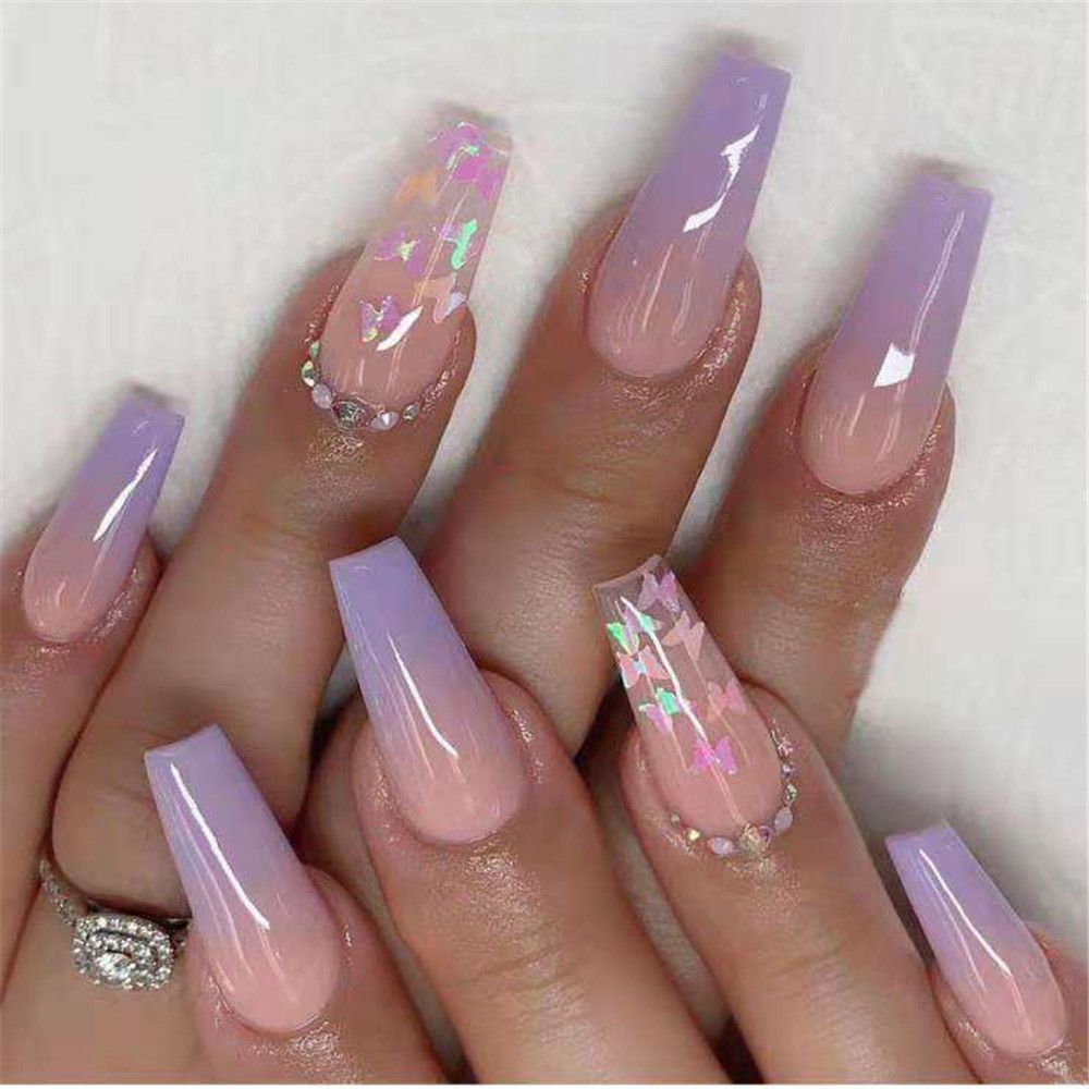 Lilac gradient Butterfly Pattern Fake Nails Full cover False Nails Extra Long Ballerina Coffin Nails Manicure Nail Art