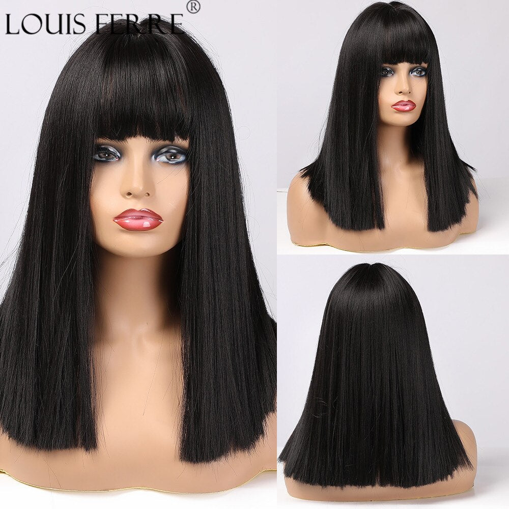 Black Bob Hair Wigs Medium Straight Synthetic Wig with Bangs Cosplay Wig Heat Resistant