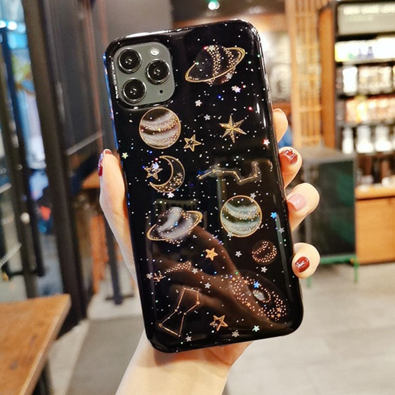 Bling Glitter Planet Case for iPhone 11 Pro XS Max XR X 6 6S 7 8 Plus SE 2020 Soft Silicone Cover Universe Moon Stars Phone Case