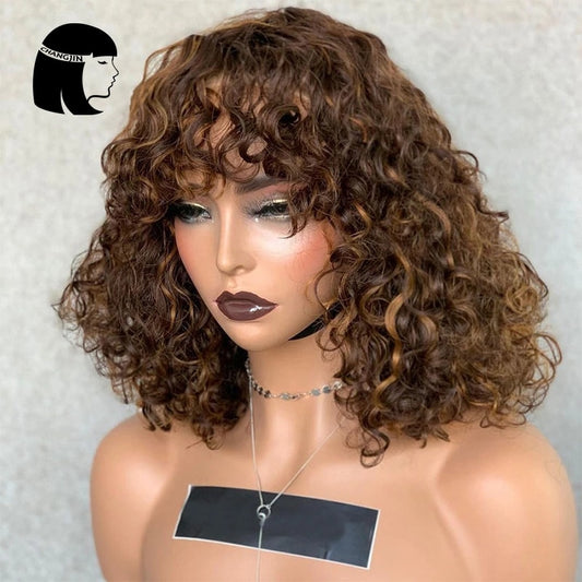 Full Machine Made Wigs Highlight Honey #27 #30 Blonde Brown Burgundy 99J Human Hair Wigs For Women Jerry Curly Wigs With Bangs