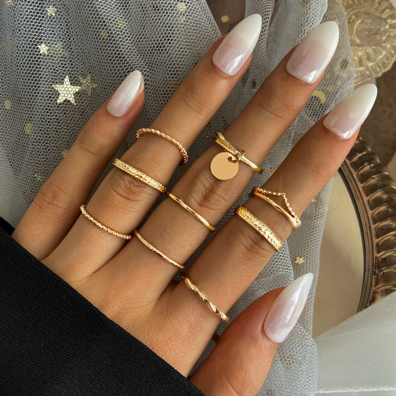 Bohemian Gold Chain Rings Set Boho Coin Snake Moon Star Rings Party Jewelry