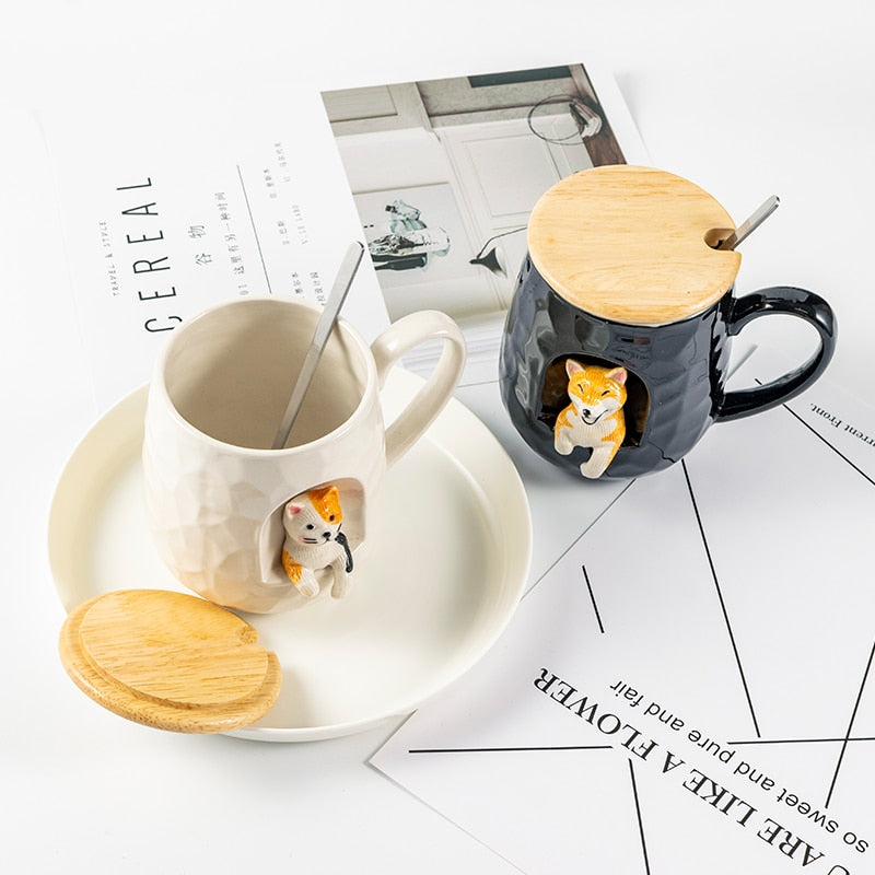 430ml Cute Animals Relief Ceramics Mug With Lid and Spoon Coffee Milk Tea Handle Cup Gifts