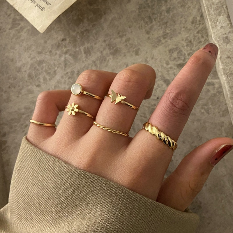 Bohemian Gold Chain Rings Set Boho Coin Snake Moon Star Rings Party Jewelry