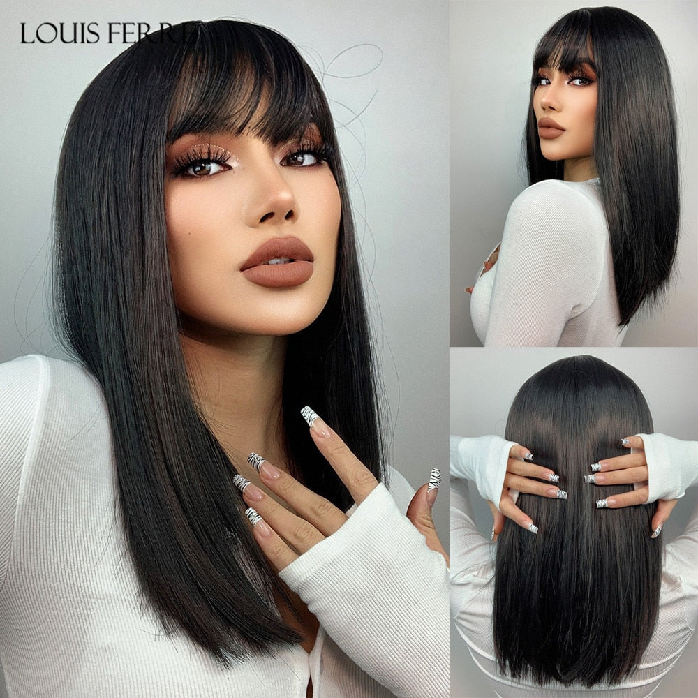 Black Bob Hair Wigs Medium Straight Synthetic Wig with Bangs Cosplay Wig Heat Resistant