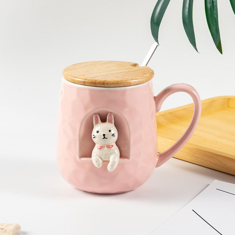 430ml Cute Animals Relief Ceramics Mug With Lid and Spoon Coffee Milk Tea Handle Cup Gifts