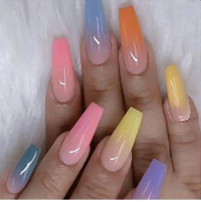 20pcs/Box Hit Color False Nail Long French Fake Nails Detachable Ballet Coffin Nail Tips With Rhinestones Press on Nail Art Tool