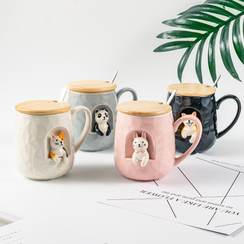 430ml Cute Animals Relief Ceramics Mug With Lid and Spoon Coffee Milk Tea Handle Cup Gifts