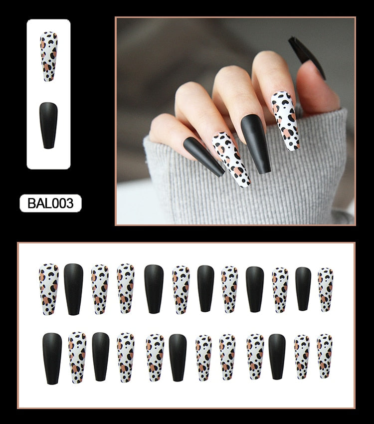 24Pcs Personality Painted Animal Pattern Cow Pattern Leopard Printed Wearable False Nails Fake Nails With Glue And Wearing Tools