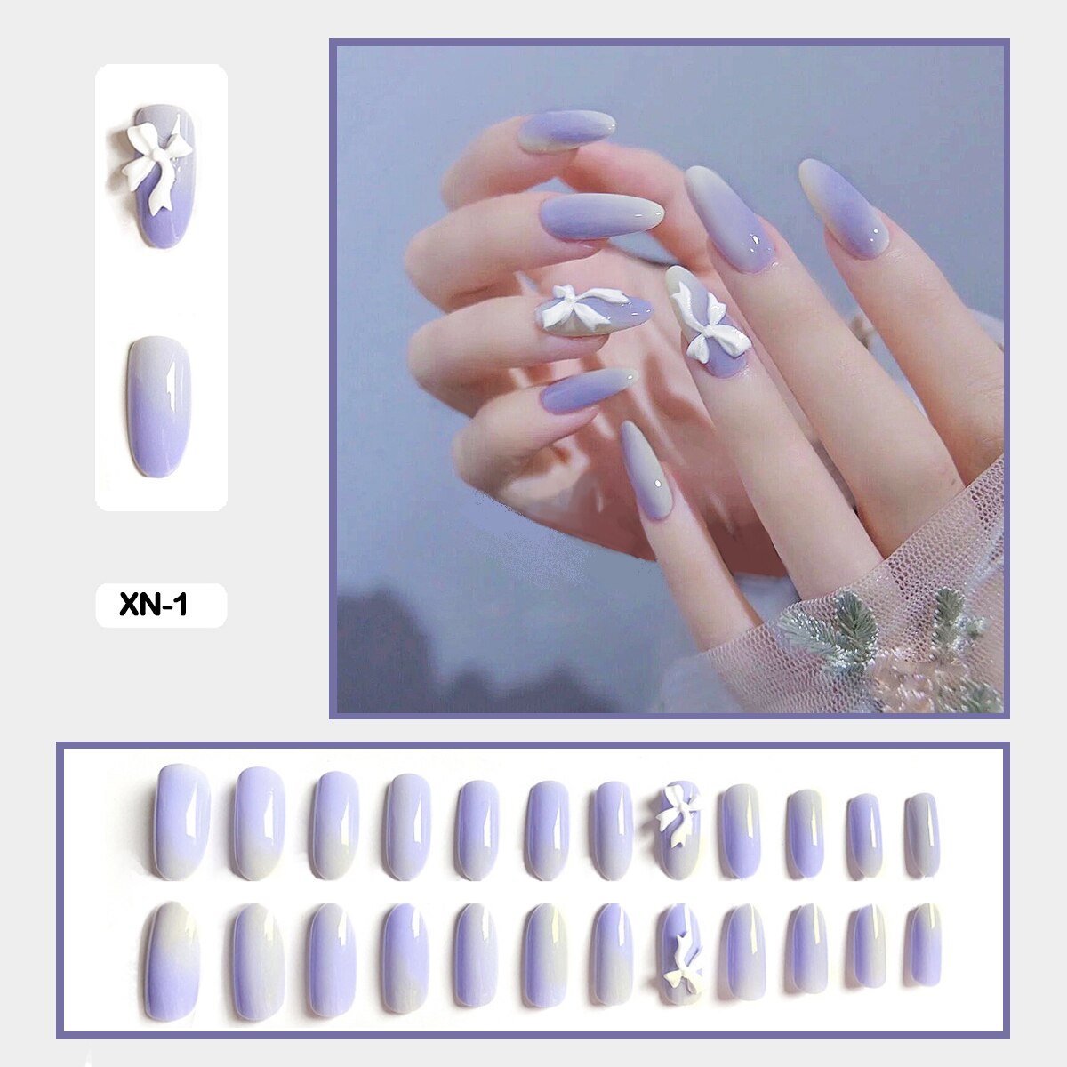 Stereo Butterfly Bow Fairy Nails Art Wearable Fake Nails With Glue And Sticker 24pcs/box With Wearing Tools