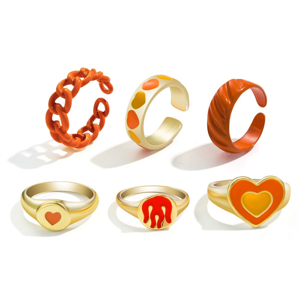 Y2K Style Korean Colorful Resin Chain Rings Set for Women Fashion Colorful Multilayered Heart Ring