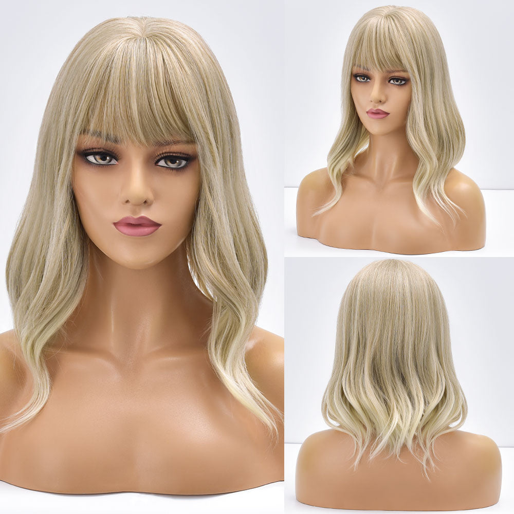 Short Bob Synthetic Wig Ombre Pink Water Wave Hair Wigs With Bangs Cosplay Lolita Heat Resistant Natural Hair