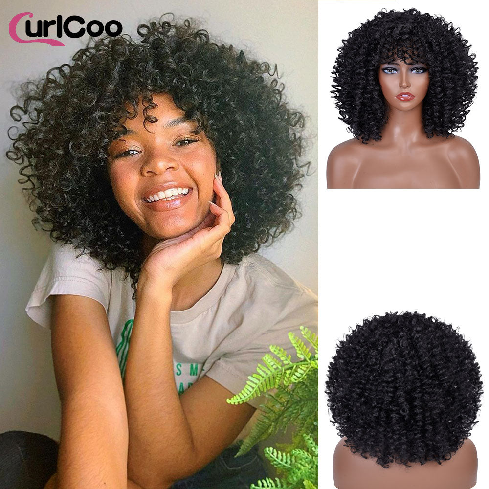 Short Afro Kinky Curly Wigs With Bangs For Women Synthetic Ombre Natural Heat Resistant Hair Brown Cosplay Highlight Wigs