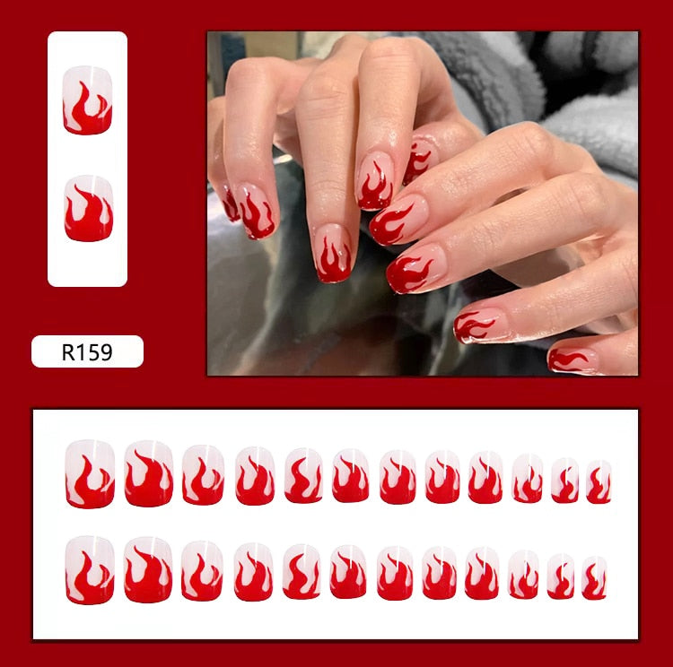 24PCS Dark Punk False Nails with Glue Gradient Long Detachable Fire Stick on Nails Skull Flame  Art DIY Fashion Manicure Tool