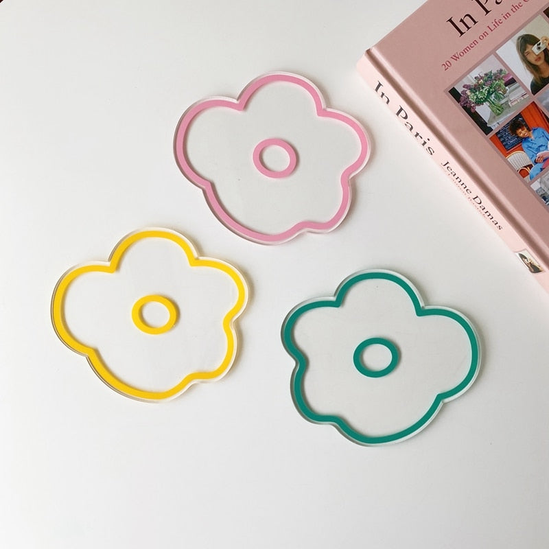 Korea IG Colorful Acrylic Waterproof Coaster Insulation Cup Pad Coffee Milk Water Mat Flower Strawberry Sequin Anti Slip 1* PC