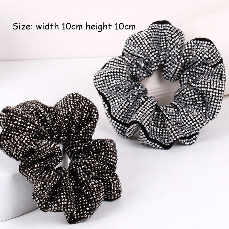 Rhinestone Women Silk Scrunchie Elastic Handmade Hair Black Band Ponytail Holder Headband Hair Accessories