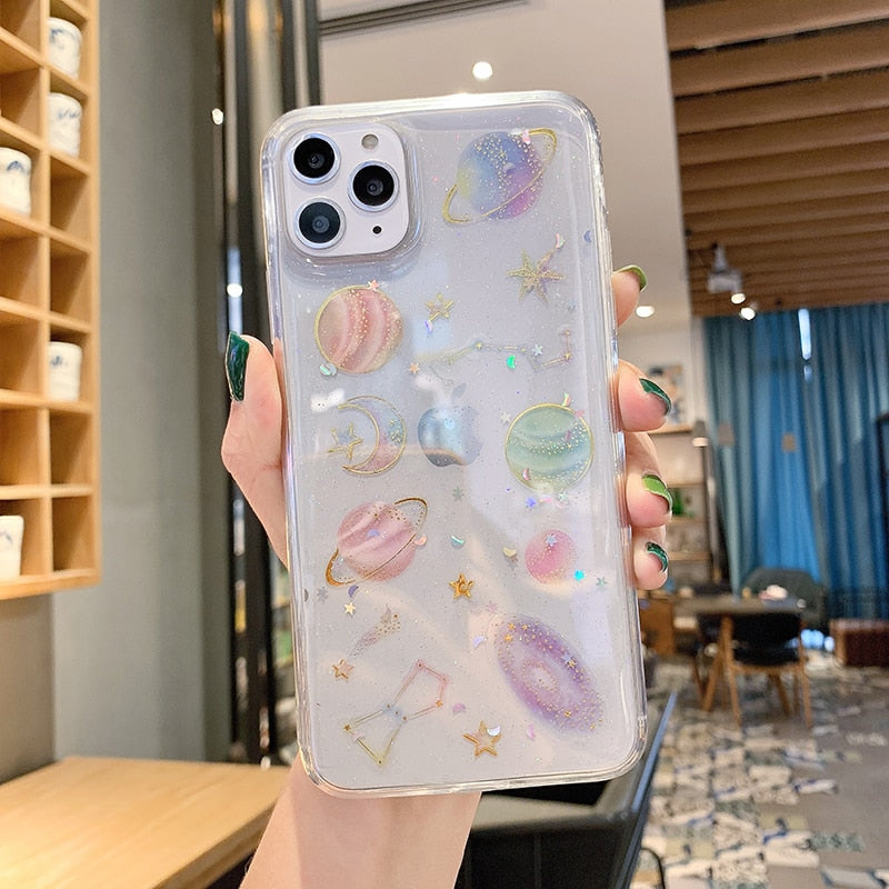 Bling Glitter Planet Case for iPhone 11 Pro XS Max XR X 6 6S 7 8 Plus SE 2020 Soft Silicone Cover Universe Moon Stars Phone Case