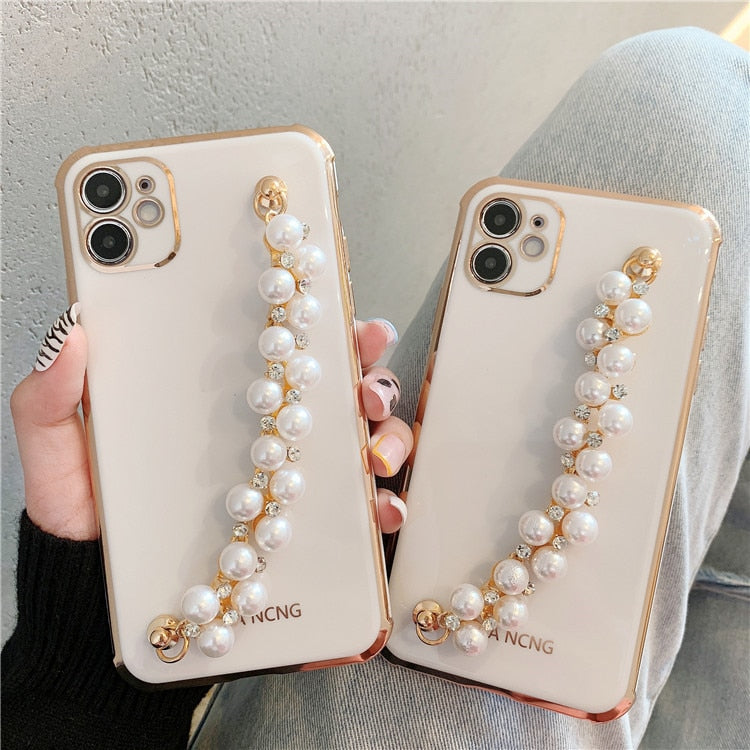 Plating Pearl rhinestone wrist bracelet Soft Phone Case For iPhone 11 12 13 Pro X XS Max 7 8 Plus Wrist Chian Strap phone Coque