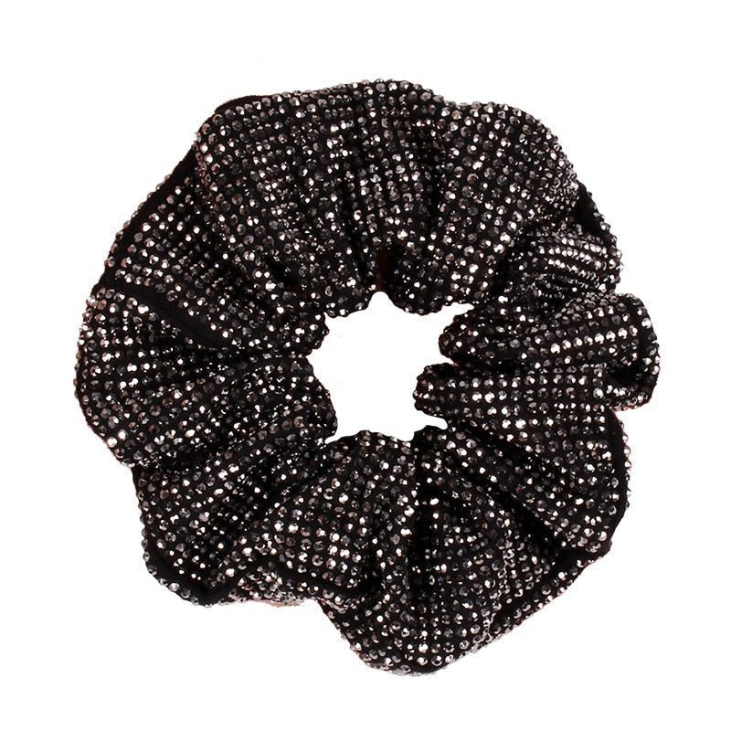 Rhinestone Women Silk Scrunchie Elastic Handmade Hair Black Band Ponytail Holder Headband Hair Accessories