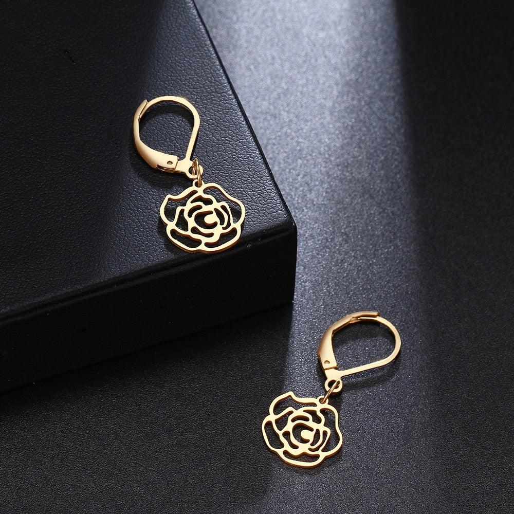 Rose Flower Chic style Gold Earrings Dangle Stainless Steel Temperament Earring Jewelry