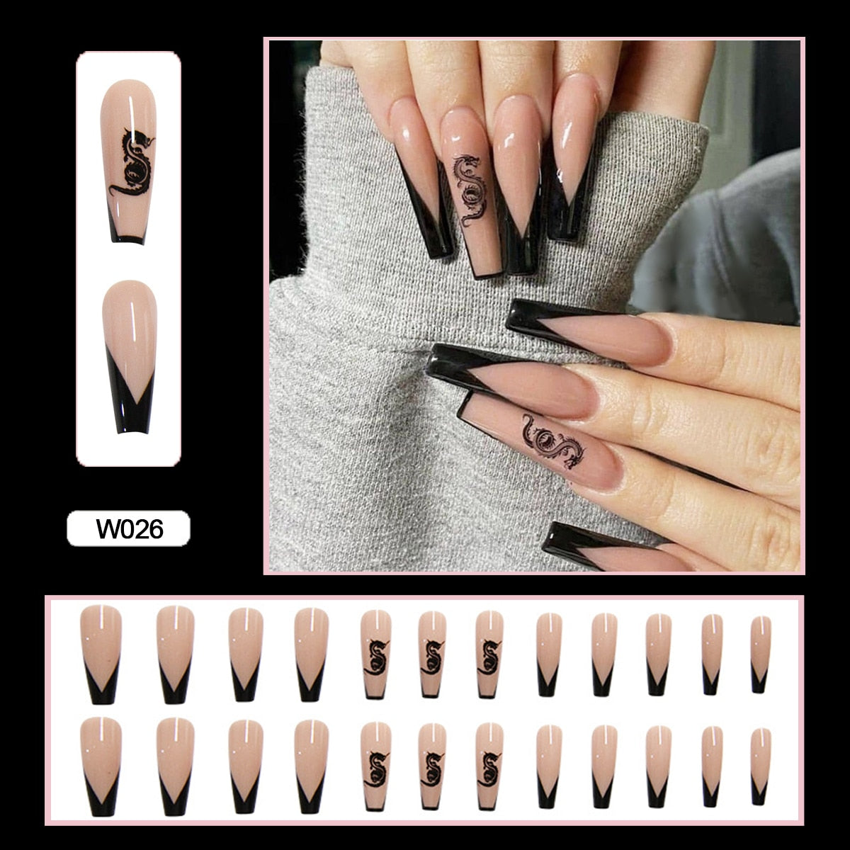 24PCS Dark Punk False Nails with Glue Gradient Long Detachable Fire Stick on Nails Skull Flame  Art DIY Fashion Manicure Tool