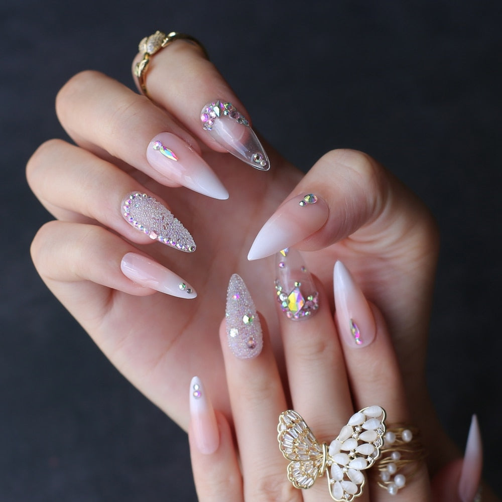 Stiletto Jelly ombre nude fasle nails press on nail Luxury crystal nails photo design nails