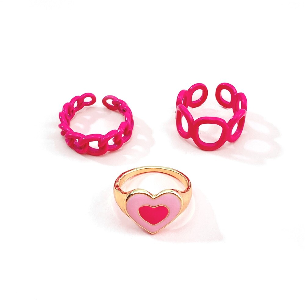 Y2K Style Korean Colorful Resin Chain Rings Set for Women Fashion Colorful Multilayered Heart Ring